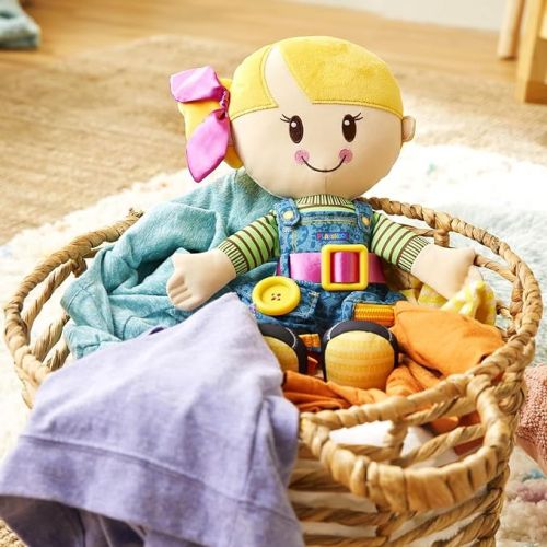  Playskool Dressy Kids Doll with Blonde Hair and Bow, Activity Plush Toy with Zipper, Shoelace, Button, for Ages 2 and Up (Amazon Exclusive)