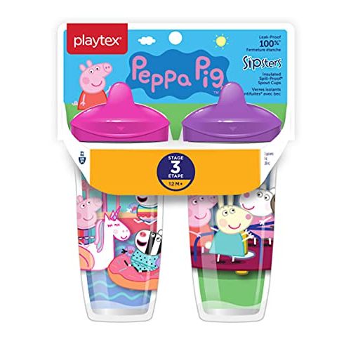  Playtex Sipsters Stage 3 Peppa Pig Spill-Proof, Leak-Proof, Break-Proof Insulated Toddler Spout Cups for Girls - 9 Ounce - 2 Count