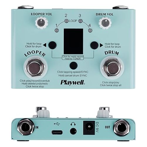  Drum Machine Looper with Tuner - 11 Minutes Looper 30 Drums - Link app to customize, edit and share drum codes - two kinds of power supply - Headphone Jack，digital display，LED indicator