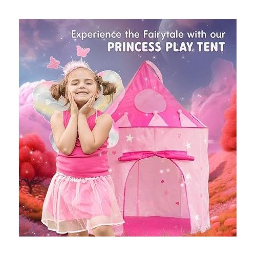  Playz 5-Piece Princess Castle Girls Pop Up Play Tent & Dress Up Costume Bundle - Playhouse Gift for Girls & Toddler for Indoor & Outdoor Use with Pink Fairy Tale Carrying Bag & Glow in The Dark Stars