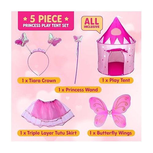  Playz 5-Piece Princess Castle Girls Pop Up Play Tent & Dress Up Costume Bundle - Playhouse Gift for Girls & Toddler for Indoor & Outdoor Use with Pink Fairy Tale Carrying Bag & Glow in The Dark Stars