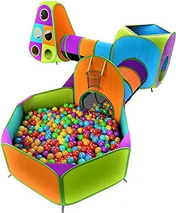 Playz 5-Piece Kids Pop up Play Tent Crawl Tunnel and Ball Pit with Basketball Hoop Playhouse for Boys, Girls, Babies, and Toddlers (Purple, Orange, Yellow, Red, Blue)