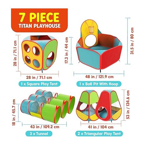  Playz 7pc Kids Play Tent with 1 Big Ball Pit for Babies, 3 Play Tunnel for Toddlers, and 3 Pop Up Tents Playhouse Bundle, Best Birthday Gift for Boys & Girls, Indoor & Outdoor Use Portable Play Center