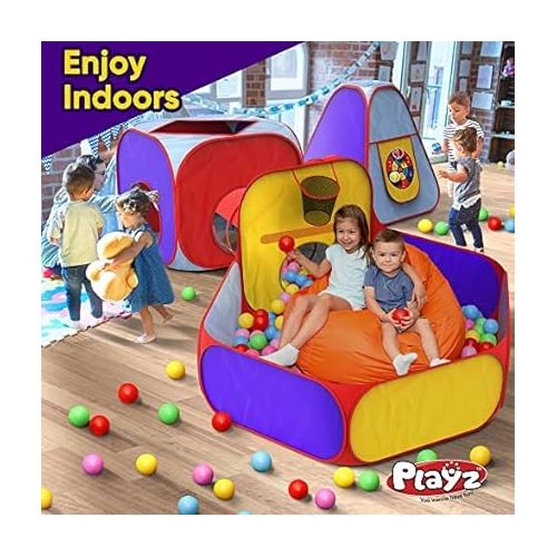  Playz 5pc Kids Play Tent Jungle Gym, Ball Pit, Pop Up Tents & Play Tunnel for Toddlers, Babies, and Kids Indoor & Outdoor Playhouse Bundle with Dartboard and 5 Sticky Balls, Gift for Boys & Girls