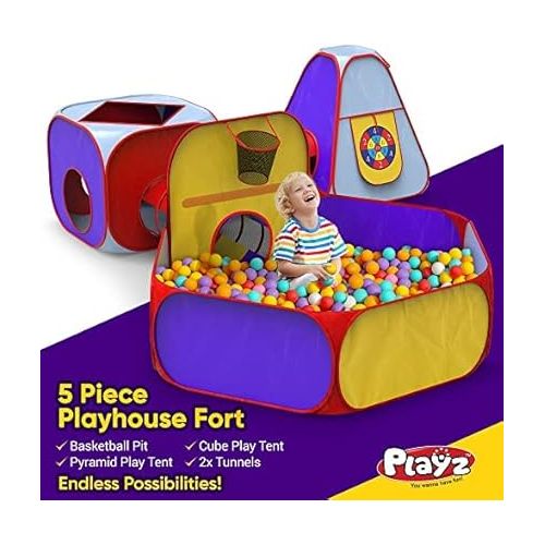  Playz 5pc Kids Play Tent Jungle Gym, Ball Pit, Pop Up Tents & Play Tunnel for Toddlers, Babies, and Kids Indoor & Outdoor Playhouse Bundle with Dartboard and 5 Sticky Balls, Gift for Boys & Girls