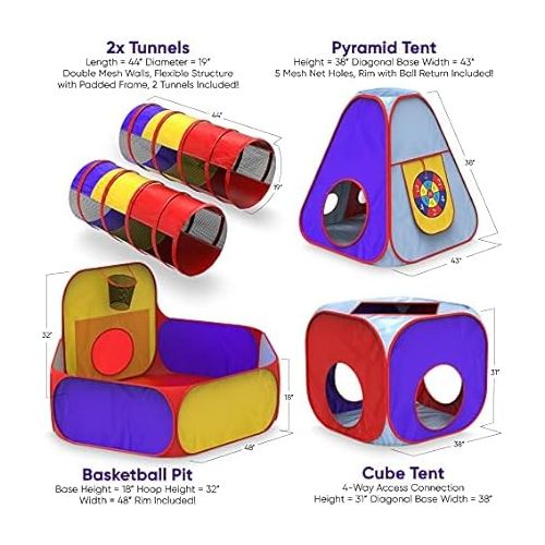  Playz 5pc Kids Play Tent Jungle Gym, Ball Pit, Pop Up Tents & Play Tunnel for Toddlers, Babies, and Kids Indoor & Outdoor Playhouse Bundle with Dartboard and 5 Sticky Balls, Gift for Boys & Girls