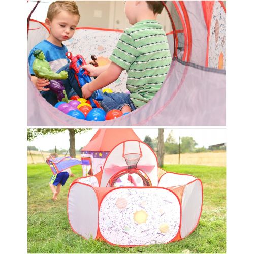  [아마존핫딜][아마존 핫딜] Playz 3pc Rocket Ship Astronaut Kids Play Tent, Tunnel, & Ball Pit with Basketball Hoop Toys for Boys, Girls, Babies, and Toddlers - STEM Inspired Educational Galactic Spaceship De