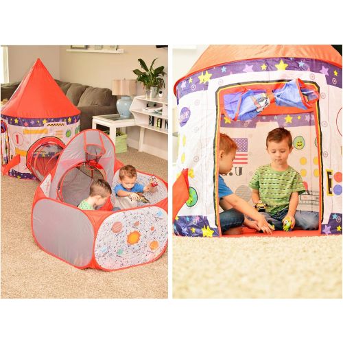  [아마존핫딜][아마존 핫딜] Playz 3pc Rocket Ship Astronaut Kids Play Tent, Tunnel, & Ball Pit with Basketball Hoop Toys for Boys, Girls, Babies, and Toddlers - STEM Inspired Educational Galactic Spaceship De