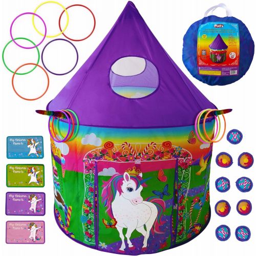  [아마존핫딜][아마존 핫딜] Playz Unicorn Toys Play Tent for Girls with Unicorn Ring Toss, Candy Board Game, & Tic Tac Toe - Indoor & Outdoor Pop up Playhouse Set for Kids Birthday Party Favors & Gifts for Ba