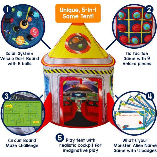  [아마존핫딜][아마존 핫딜] Playz 5-in-1 Rocket Ship Play Tent for Kids with Dart Board, Tic Tac Toe, Maze Game, & Immersive Floor - Indoor & Outdoor Popup Playhouse Set for Toddler, Baby, & Children Birthday