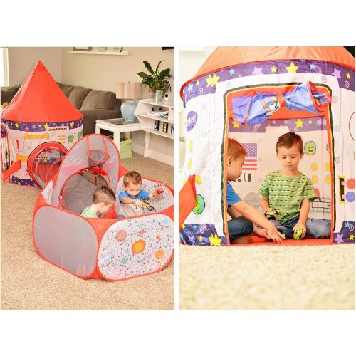  [아마존베스트]Playz 3pc Rocket Ship Astronaut Kids Play Tent, Tunnel, & Ball Pit with Basketball Hoop Toys for Boys, Girls, Babies, and Toddlers - STEM Inspired Educational Galactic Spaceship De