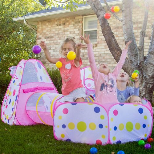  [아마존베스트]Playz 3pc Kids Play Tent Crawl Tunnel and Ball Pit Pop Up Playhouse Tent with Basketball Hoop for Girls, Boys, Babies, and Toddlers for Indoor and Outdoor Use with Pink Carrying Ca