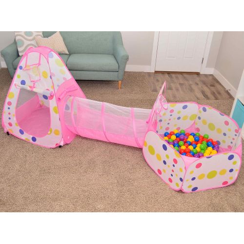  [아마존베스트]Playz 3pc Kids Play Tent Crawl Tunnel and Ball Pit Pop Up Playhouse Tent with Basketball Hoop for Girls, Boys, Babies, and Toddlers for Indoor and Outdoor Use with Pink Carrying Ca