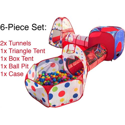  [아마존베스트]Playz 6-Piece Kids Play Tents Crawl Tunnels and Ball Pit Popup Bounce Playhouse Tent with Basketball Hoop for Indoor and Outdoor Use with Red Carrying Case