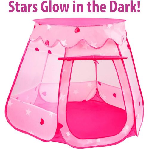  Playz Ball Pit Princess Castle Play Tents for Girls w/ Glow in The Dark Stars & 50 Balls - Pop Up Children Play Tent for Indoor & Outdoor Use Beautiful Playland Playhouse Tent w/ Z