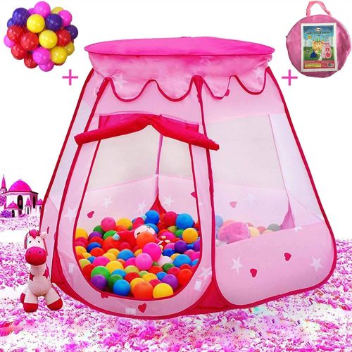  Playz Ball Pit Princess Castle Play Tents for Girls w/ Glow in The Dark Stars & 50 Balls - Pop Up Children Play Tent for Indoor & Outdoor Use Beautiful Playland Playhouse Tent w/ Z