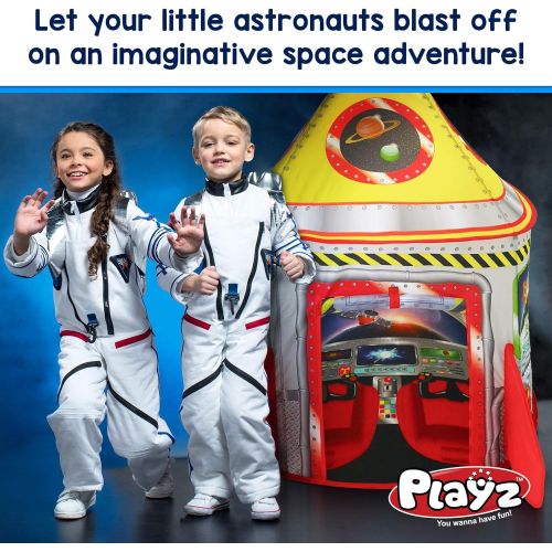  Playz 5-in-1 Rocket Ship Play Tent for Kids with Dart Board, Tic Tac Toe, Maze Game, & Immersive Floor - Indoor & Outdoor Popup Playhouse Set for Toddler, Baby, & Children Birthday