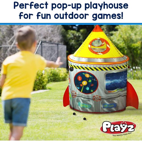  Playz 5-in-1 Rocket Ship Play Tent for Kids with Dart Board, Tic Tac Toe, Maze Game, & Immersive Floor - Indoor & Outdoor Popup Playhouse Set for Toddler, Baby, & Children Birthday