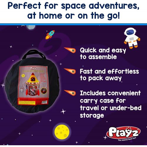  Playz 5-in-1 Rocket Ship Play Tent for Kids with Dart Board, Tic Tac Toe, Maze Game, & Immersive Floor - Indoor & Outdoor Popup Playhouse Set for Toddler, Baby, & Children Birthday