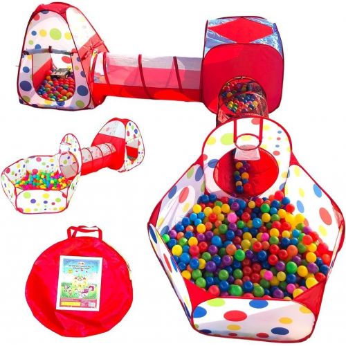  Playz 5-Piece Kids Play Tents Crawl Tunnels and Ball Pit Popup Bounce Playhouse Tent with Basketball Hoop for Indoor and Outdoor Use with Red Carrying Case