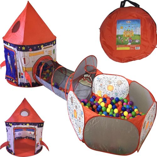  Playz 3pc Rocket Ship Astronaut Kids Play Tent, Tunnel, & Ball Pit with Basketball Hoop Toys for Boys, Girls, Babies, and Toddlers - STEM Inspired Educational Galactic Spaceship De