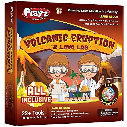  Playz Volcanic Eruption & Lava Lab Science Experiments Kit - 22+ Tools to Make Lava Bombs, Volcano Eruptions, Fizzing Mineral Pools, Fake Poison Gas, & Crystal Deposits for Boys, G