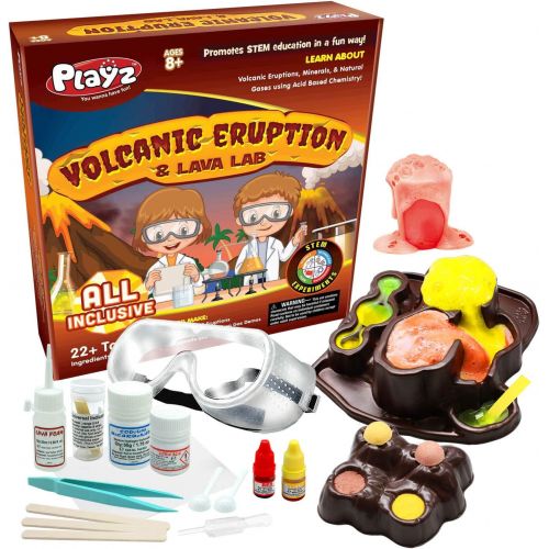  Playz Volcanic Eruption & Lava Lab Science Experiments Kit - 22+ Tools to Make Lava Bombs, Volcano Eruptions, Fizzing Mineral Pools, Fake Poison Gas, & Crystal Deposits for Boys, G