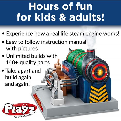  Playz Train Steam Engine Model Kit to Build for Kids with Real Steam, STEM Science Kits for Kids, Model Engine Kits for Adults and Educational Hobby Gift, Mini Engine Set, Engineer