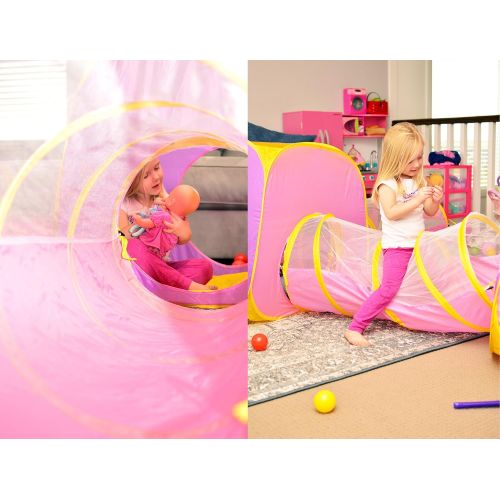  Playz 5pc Childrens Playhouse Popup Tents, Tunnels, and Basketball Hoop for Girls, Boys, Babies, Kids and Toddlers with Zipper Storage Case for Indoor & Outdoor Use (Yellow, Pink,