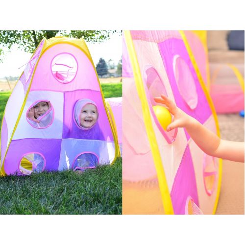  Playz 5pc Childrens Playhouse Popup Tents, Tunnels, and Basketball Hoop for Girls, Boys, Babies, Kids and Toddlers with Zipper Storage Case for Indoor & Outdoor Use (Yellow, Pink,
