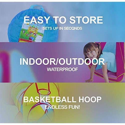  Playz 7pc Kids Playhouse Pop Up Play Tent Crawl Tunnel & Ball Pit with Basketball Hoop for Boys, Girls, Babies, and Toddlers - Indoor & Outdoor Use w/ Zipper Storage Case