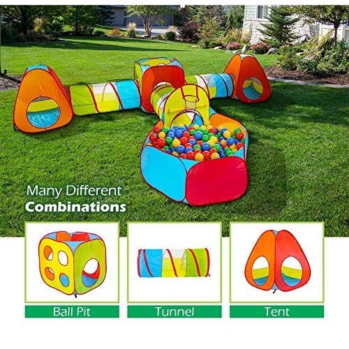  Playz 7pc Kids Playhouse Pop Up Play Tent Crawl Tunnel & Ball Pit with Basketball Hoop for Boys, Girls, Babies, and Toddlers - Indoor & Outdoor Use w/ Zipper Storage Case