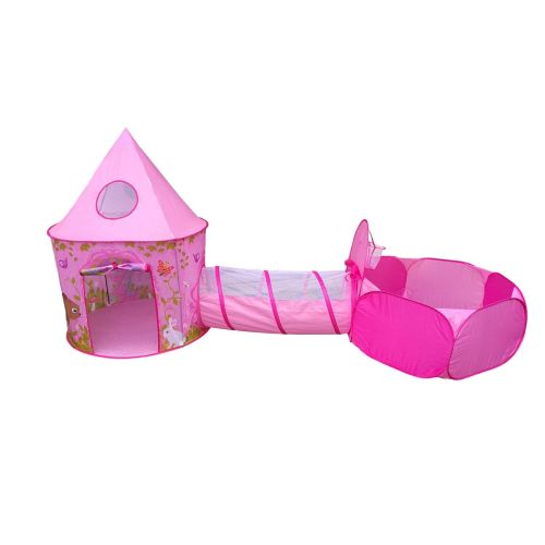  Playz 3pc Girls Princess Fairy Tale Castle Play Tent, Crawl Tunnel & Ball Pit w/ Pink Prairie Design - Foldable for Indoor & Outdoor Use w/ Zipper Storage Case