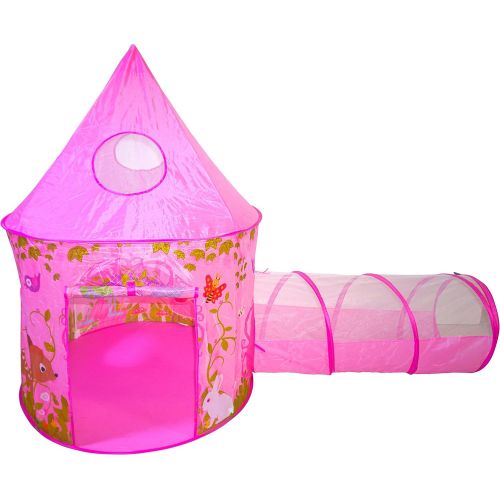  Playz 3pc Girls Princess Fairy Tale Castle Play Tent, Crawl Tunnel & Ball Pit w/ Pink Prairie Design - Foldable for Indoor & Outdoor Use w/ Zipper Storage Case