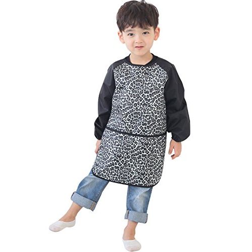  [아마존베스트]Plie Kids Art Smocks, Children Waterproof Artist Painting Aprons Long Sleeve with Pockets, Black Leopard (32-XL)