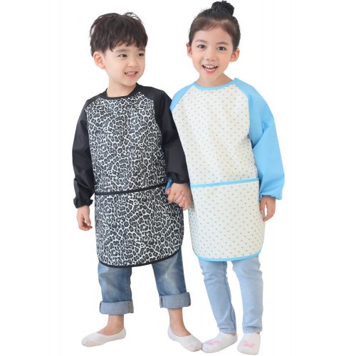  [아마존베스트]Plie Kids Art Smocks, Children Waterproof Artist Painting Aprons Long Sleeve with Pockets, Black Leopard (32-XL)