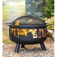 Plow & Hearth Woodland Animals Wood Burning Steel Outdoor Patio Fire Pit, Includes Dome Spark Guard Cover and Fire Poker, 30 dia. x 23 H