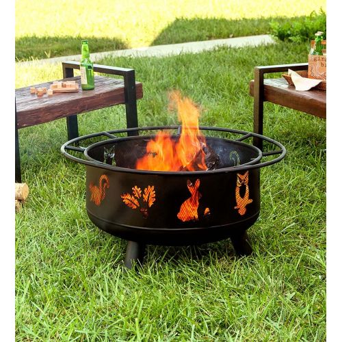  Plow & Hearth Woodland Animals Wood Burning Steel Outdoor Patio Fire Pit, Includes Dome Spark Guard Cover and Fire Poker, 30 dia. x 23 H