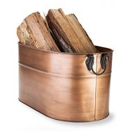 Plow & Hearth Galvanized Steel Firewood Bucket with Wrought Iron Handles 21.75 L x 12.75 W x 11.5 H inches, Antique Copper