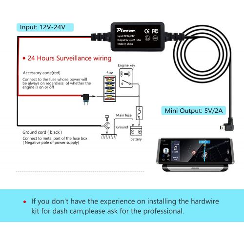  [아마존베스트]Dash Cam Hardwire Kit, Mini USB Hard Wire Kit Fuse for Dashcam, Plozoe 12V-24V to 5V Car Dash Camera Charger Power Cord, Gift 4 Fuse Tap Cable and Installation Tool（11.5ft）