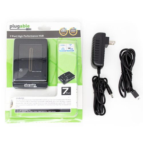  Plugable 7-Port USB-A 2.0 Hub with 15W Power Adapter