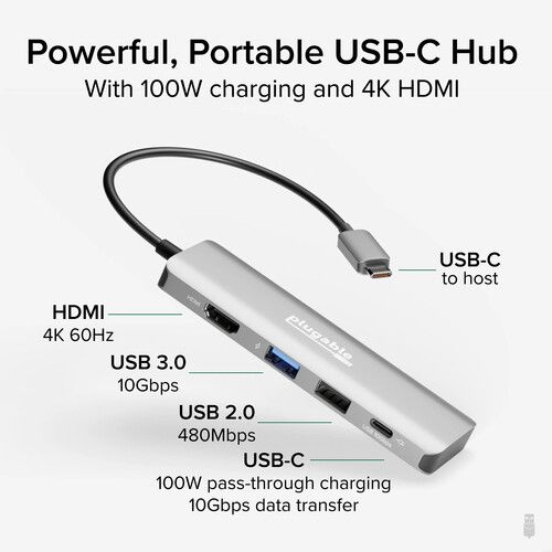  Plugable 4-in-1 100W USB-C Hub (Silver)