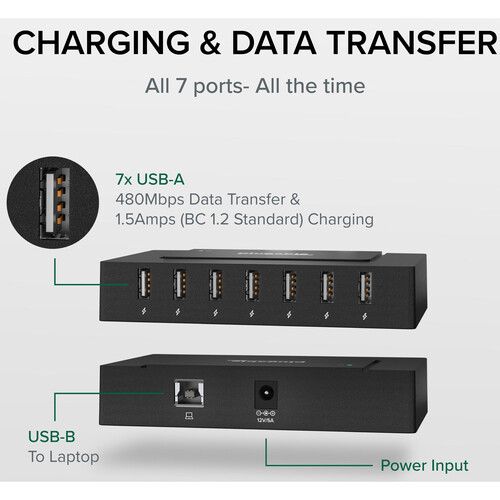  Plugable 7-Port USB-A 2.0 Hub with 60W Power Adapter and BC 1.2 Charging