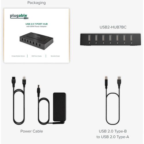  Plugable 7-Port USB-A 2.0 Hub with 60W Power Adapter and BC 1.2 Charging