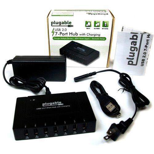  Plugable 7-Port USB-A 2.0 Hub with 60W Power Adapter and BC 1.2 Charging