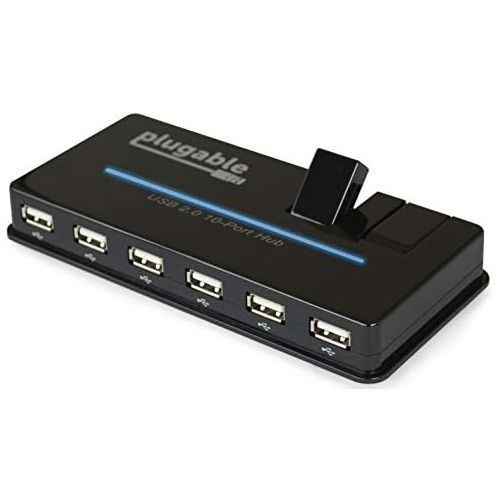  Plugable USB 2.0 10-Port High Speed Hub with 20W Power Adapter Two Flip-Up Ports