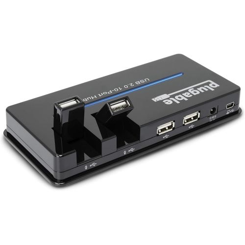  Plugable USB 2.0 10-Port High Speed Hub with 20W Power Adapter Two Flip-Up Ports