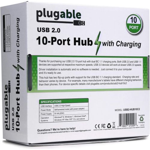  Plugable USB 2.0 10-Port High Speed Hub with 20W Power Adapter Two Flip-Up Ports
