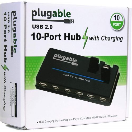  Plugable USB 2.0 10-Port High Speed Hub with 20W Power Adapter Two Flip-Up Ports