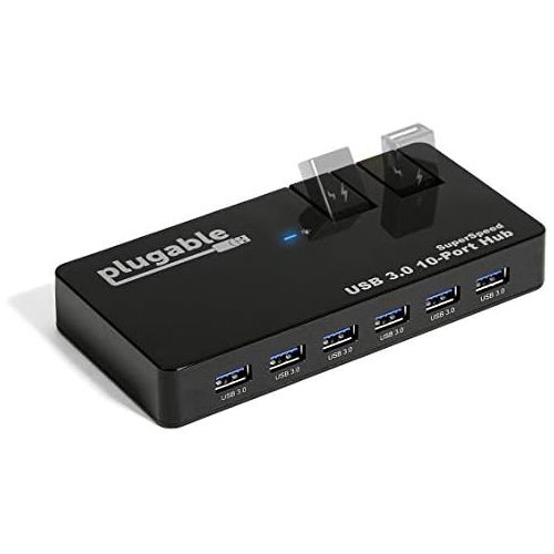  Plugable 10-Port USB 3.0 SuperSpeed Hub with 48W Power Adapter and Two Flip-Up Ports for Additional Devices